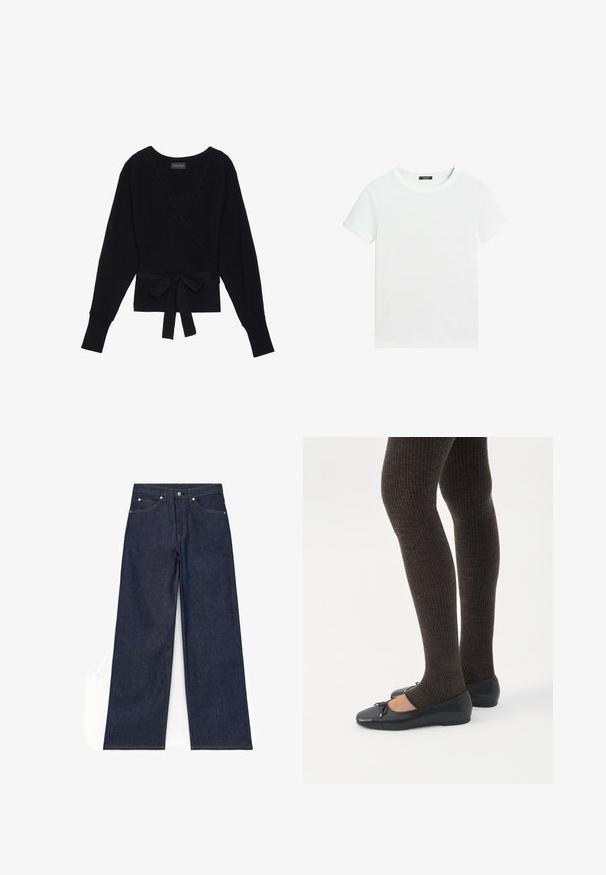 Pull à manches longues noir, enroulé, avec une texture côtelée et une ceinture en tissu nouée en un noeud à la taille.; T-shirt blanc uni à manches courtes avec un col rond et une petite étiquette noire à l’intérieur du col.; Jean denim bleu foncé à jambes larges avec bouton à l'avant, fermeture éclair et poches avant et arrière, présenté à plat sur fond blanc.; Jambes portant des leggings côtelés foncés associés à des ballerines noires avec de petits détails en nœud sur fond blanc.