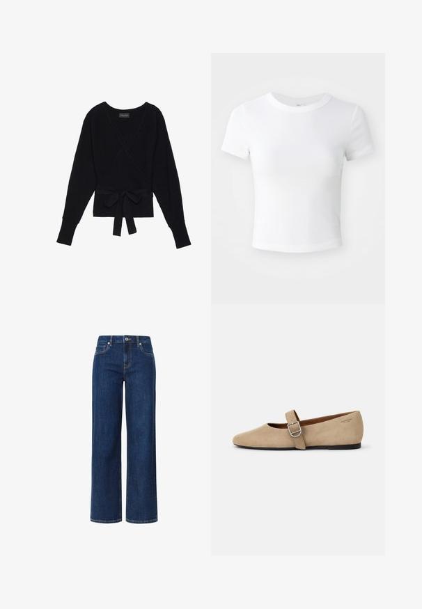 Pull à manches longues noir, enroulé, avec une texture côtelée et une ceinture en tissu nouée en un noeud à la taille.; T-shirt courte à manches courtes, blanche, avec un col rond, présentée sur un fond neutre et lumineux.; Jean large en denim bleu foncé avec une texture lisse, présentant une fermeture à bouton et fermeture éclair, cinq poches et des coutures contrastées.; Ballerines en daim beige de style Mary Jane avec un bout pointu et une seule sangle réglable dotée d'une boucle en métal argenté. Semelle plate noire.