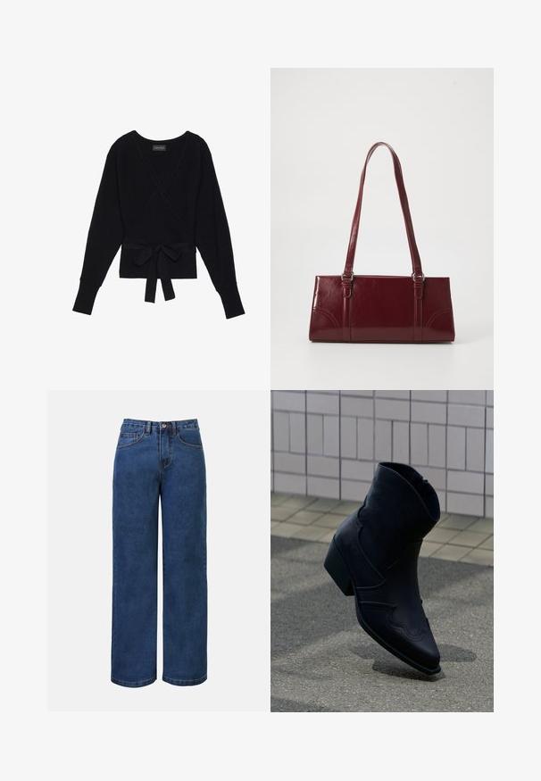 Suéter negro de manga larga con estilo envolvente, con textura acanalada y un cinturón de tela atado en forma de lazo en la cintura.; Pantalones vaqueros de mezclilla azul oscura de pierna ancha con cintura elevada, con cierre de botón, trabillas para el cinturón y bolsillos delanteros y traseros. Textura suave.; Botín de cuero negro con tacón bajo, costuras decorativas y punta afilada, colocado de pie sobre una superficie pavimentada junto a una pared con azulejos.; Bolso burdeos hecho de material brillante, de forma rectangular, con dos asas para el hombro y sutiles acentos curvados en la parte frontal.