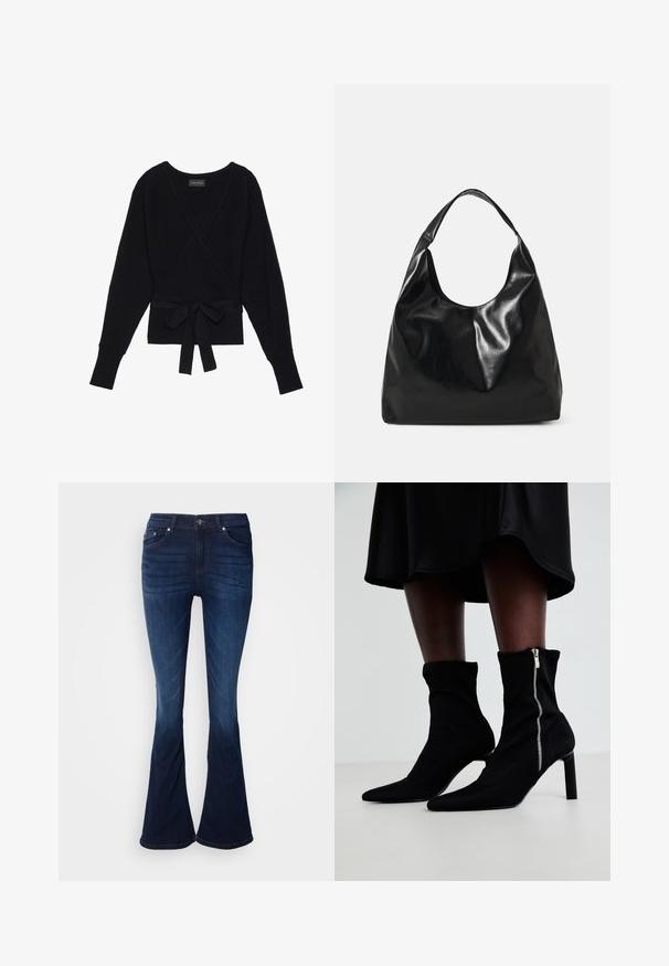 Zwarte lange mouw wikkeltrui met geribbeld structuur en een stoffen riem die in een strik om de taille is geknoopt.; Uitlopende donkerblauwe denim jeans met een gladde textuur, vijf zakken en knoopsluiting. Kenmerkt zich door een geleidelijke verheldering naar de zoom toe.; Zwarte enkellaarsjes met een rekbare stoffen bovenkant, een spitse neus en een rits aan de zijkant, geplaatst op een slanke hoge hak.; Zwarte leren hobo tas met een zachte, glanzende textuur en een ronde, open bovenkant. Voorzien van een brede, gebogen schouderband om te dragen. Geen zichtbare hardware.
