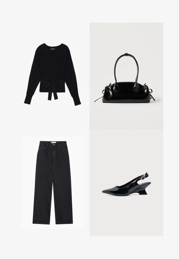 Pull à manches longues noir, enroulé, avec une texture côtelée et une ceinture en tissu nouée en un noeud à la taille.; Jeans en denim noirs taille haute à jambes larges avec fermeture à bouton et zip à l'avant, passants de ceinture et style à cinq poches.; Chaussure slingback en cuir verni noir avec bout pointu et petit talon bloc incliné sur fond clair uni.; Petit sac à main noir brillant avec deux longues anses et des détails à cordon sur les côtés sur un fond clair uni.