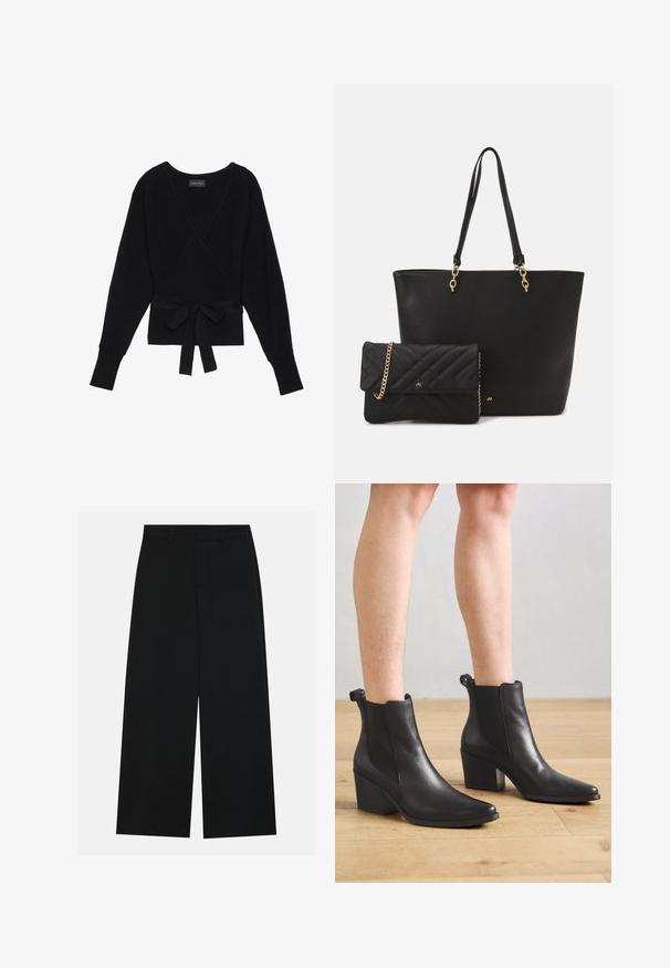 Suéter negro de manga larga con estilo envolvente, con textura acanalada y un cinturón de tela atado en forma de lazo en la cintura.; Pantalones negros de pierna ancha hechos de una tela suave. Presentan una cintura plana con pasadores de cinturón y sin bolsillos visibles. Diseño sencillo.; Botines de cuero negro con punta afilada y tacón bloque. Presentan una textura suave y tiradores en la parte trasera para facilitar su uso.; Bolso tote de cuero sintético negro con dos asas resistentes y detalles en dorado, acompañado de un pequeño clutch negro acolchado con una correa de cadena.