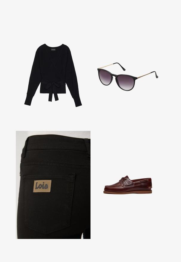 Suéter negro de manga larga con estilo envolvente, con textura acanalada y un cinturón de tela atado en forma de lazo en la cintura.; Vaqueros de mezclilla negra con un bolsillo trasero liso que lleva una etiqueta rectangular de color marrón claro con la inscripción "Lois" en relieve. Textura suave y diseño clásico.; Zapato náutico de cuero marrón con cordones, detalles de costura y logo de Timberland en el lateral, mostrado sobre un fondo blanco.; Gafas de sol negras con lentes en degradado púrpura. Forma de ojo de gato, con finos acentos metálicos en tono dorado en las varillas. Acabado de plástico suave.