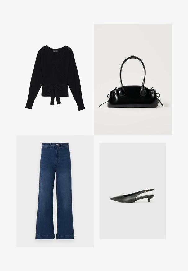 Pull à manches longues noir, enroulé, avec une texture côtelée et une ceinture en tissu nouée en un noeud à la taille.; Jean en denim bleu à jambes larges avec une taille haute, présentant une fermeture à bouton à l'avant, cinq poches et des détails de coutures subtils.; Chaussure slingback noire à bout pointu en cuir lisse. Présente un talon fin et un détail de boucle sur la sangle réglable.; Petit sac à main noir brillant avec deux longues anses et des détails à cordon sur les côtés sur un fond clair uni.