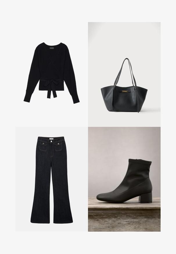 Suéter negro de manga larga con estilo envolvente, con textura acanalada y un cinturón de tela atado en forma de lazo en la cintura.; Vaqueros de mezclilla oscuros de corte acampanado, con cintura alta, dos bolsillos delanteros y costuras naranjas. El material parece robusto y suave.; Bota negra de tobillo con acabado en cuero liso y brillante, tacón de bloque inclinado y parte superior ajustada con elastano para una silueta elegante.; Bolso tote de cuero negro con doble asa para el hombro y una pequeña placa de marca en tono dorado en el centro frontal.