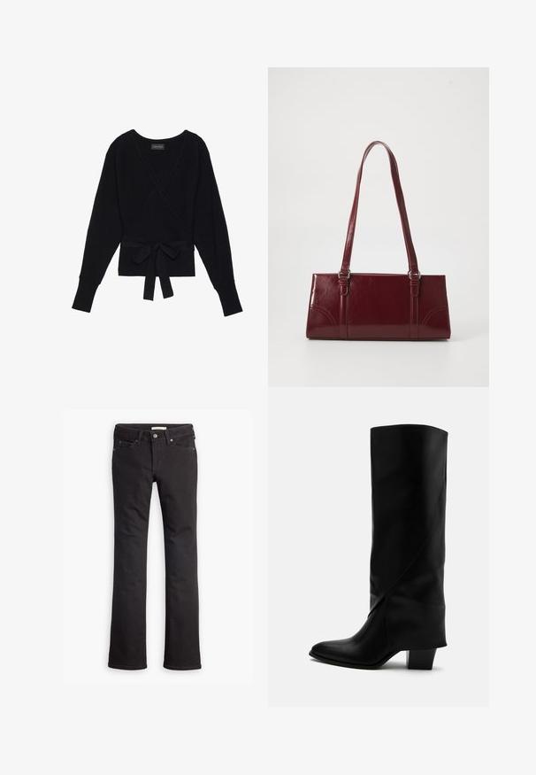 Suéter negro de manga larga con estilo envolvente, con textura acanalada y un cinturón de tela atado en forma de lazo en la cintura.; Jeans negros de mezclilla, con un diseño de pierna recta, cintura standard, cinco bolsillos y detalles de costura sutiles.; Bota alta de cuero negro con costuras anguladas, puntera puntiaguda y tacón grueso de altura media sobre fondo blanco.; Bolso burdeos hecho de material brillante, de forma rectangular, con dos asas para el hombro y sutiles acentos curvados en la parte frontal.