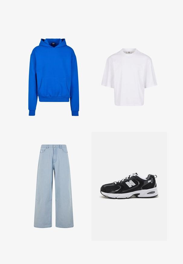 Blaue Kapuzenjacke mit einer Fronttasche, gerippten Bündchen und Saum. Gefertigt aus weichem Material, im lässigen Schnitt und ohne sichtbare Logos.; Weißes Kurzarm-T-Shirt mit Rundhalsausschnitt und lockerer Passform, gefertigt aus einem glatten Baumwollmischgewebe. Keine Muster oder Verzierungen.; Helle blaue Schlagjeans aus Denim mit hoher Taille, Knopfverschluss und Fronttaschen. Das Design umfasst dezente Stichdetails.; Schwarze und graue Sportschuhe mit Obermaterial aus Mesh und Wildleder, ausgestattet mit einer weißen Zwischensohle, Schnürsenkeln und einem markanten "N"-Logo an der Seite.