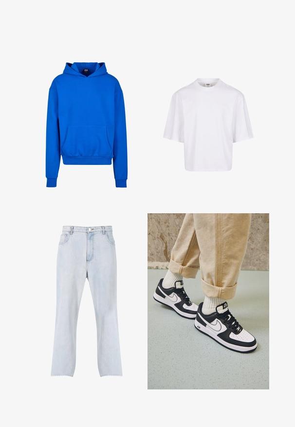 Sweat-shirt bleu à capuche avec une poche avant, des poignets et un ourlet côtelés. Fabriqué en tissu doux, il présente une coupe décontractée et n'affiche aucun logo visible.; T-shirt blanc à manches courtes avec un col rond et une coupe décontractée, fabriqué à partir d'un tissu en coton mélangé doux. Aucun motif ni embellissement.; Jean en denim bleu clair avec jambes droites, fermeture frontale par bouton et zip, et design à cinq poches.; Baskets Nike Air Force 1 en noir et blanc avec un dessus en cuir, orteil perforé et détail de semelle texturée, portées avec un pantalon beige retroussé et des chaussettes blanches.
