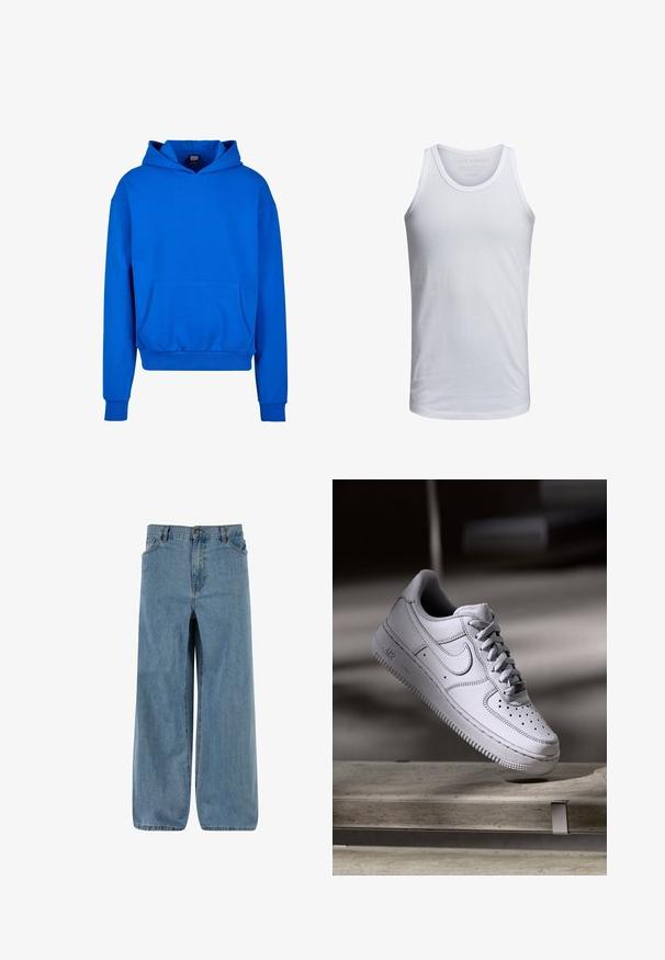 Sweat-shirt bleu à capuche avec une poche avant, des poignets et un ourlet côtelés. Fabriqué en tissu doux, il présente une coupe décontractée et n'affiche aucun logo visible.; Débardeur en coton blanc avec un col rond, des bretelles larges et un marquage minimal imprimé à l'intérieur du col. Texture douce, coupe décontractée.; Pantalons en denim à jambes larges en bleu clair. Comprend une fermeture à bouton et à zip, cinq poches et une texture délavée pour un look classique.; La basket Nike Air Force 1 en cuir blanc présente un embout perforé, des lacets plats et une semelle en caoutchouc texturée avec le logo « AIR » sur le côté.
