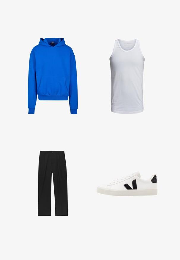 Blauwe capuchontrui met een voorzak, ribgebreide manchetten en onderrand. Gemaakt van zacht materiaal, met een ontspannen pasvorm en geen zichtbare logo's.; Witte katoenen tanktop met een ronde hals, brede schouderbanden en minimale branding binnen de kraag. Zachte textuur, casual pasvorm.; Zwarte broeken met een recht model, gemaakt van een gladde stof. Voorzien van een voorplooien en een enkele knoopsluiting bij de taille.; Witte leren sneaker met zwarte suède accenten; voorzien van een rubberen zool, ronde neus en een klassieke vetersluiting. Zijkant met logo in het zwart.