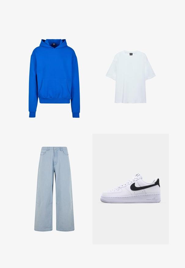 Blå hættetrøje med en frontlomme, ribbede manchetter og kant. Fremstillet af blødt stof, med en afslappet pasform og uden synlige logoer.; Hvid, oversized T-shirt med korte ærmer og rund halsudskæring, med en sort etiket inde i kraven på en hvid baggrund.; Lysblå vidbenede jeans lavet af denim, med høj talje, knaplukning og frontlommer. Designet inkluderer diskrete syninger.; Hvide lædersneakers med en struktureret sort Swoosh, flade snørebånd og en gummisål med et rillemønster. "AIR" er præget på hælen.