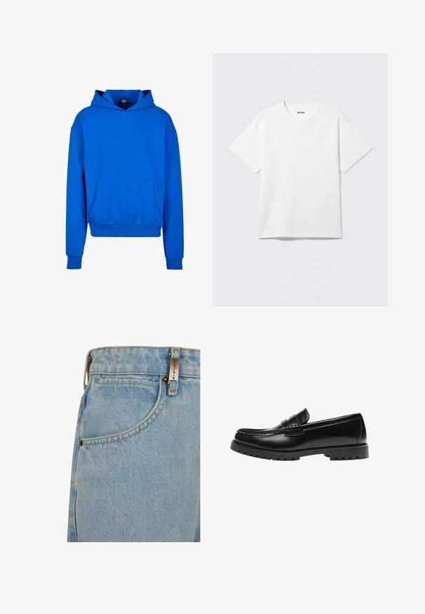 Blauwe capuchontrui met een voorzak, ribgebreide manchetten en onderrand. Gemaakt van zacht materiaal, met een ontspannen pasvorm en geen zichtbare logo's.; Witte T-shirt met korte mouwen en ronde hals, plat gelegd, effen ontwerp, met een "WEEKDAY" label in de kraag op een lichte achtergrond.; Lichtblauwe denim jeans met een hoge taille, voorzak, gele stiksels en een metalen label op de tailleband.; Zwarte leren loafer met een dikke rubberen zool en klassieke penny-strap details, gezien vanaf de buitenkant.