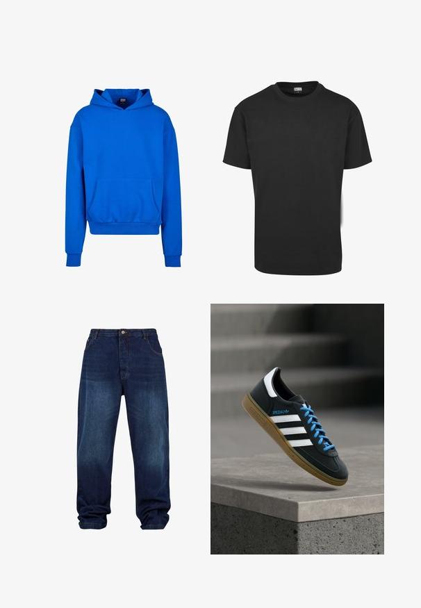 Blauwe capuchontrui met een voorzak, ribgebreide manchetten en onderrand. Gemaakt van zacht materiaal, met een ontspannen pasvorm en geen zichtbare logo's.; Zwart katoenen T-shirt met korte mouwen, ronde halslijn en een standaard pasvorm. De stof lijkt glad en ongekleed.; Donkerblauwe denim broek met een relaxte pasvorm, beschikt over vijf zakken, een knoopsluiting en zichtbare stikdetails.; Zwarte Adidas-sneaker met witte strepen, blauwe veters en een gumzool die boven een grijze betonnen trede zweeft in zacht licht.