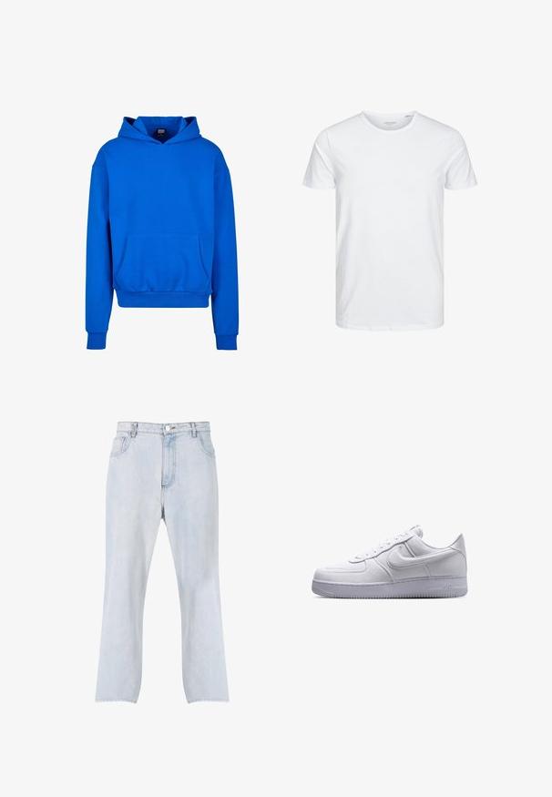 Blaue Kapuzenjacke mit einer Fronttasche, gerippten Bündchen und Saum. Gefertigt aus weichem Material, im lässigen Schnitt und ohne sichtbare Logos.; Rundhals-T-Shirt mit kurzen Ärmeln in reinem Weiß, aus weicher Baumwolle, mit einem schlichten Design ohne sichtbare Muster oder Akzente.; Hellblaue Denim-Jeans mit geradem Bein, vorderer Knopf- und Reißverschluss und Fünf-Taschen-Design.; Weißer flacher Nike Air Force 1 Sneaker mit Schnürverschluss und strukturierter Sohle, seitlich auf weißem Hintergrund gezeigt.