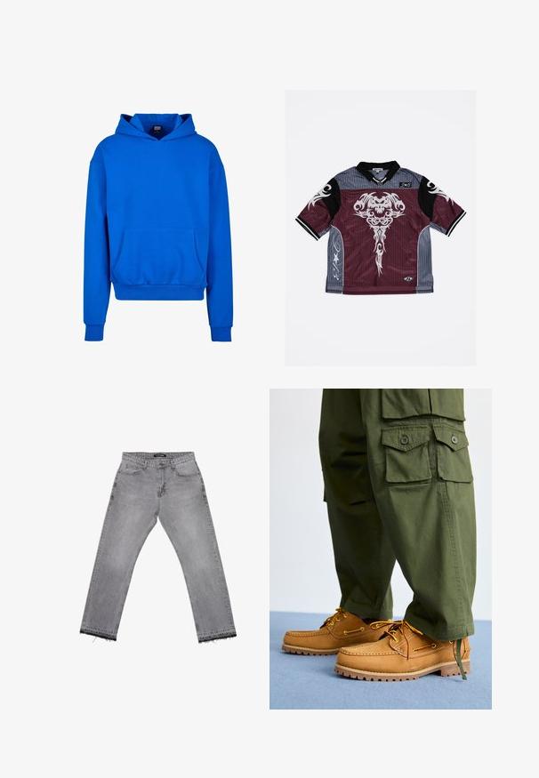 Modrá mikina s kapucňou, predným vreckom, rebrovanými manžetami a lemom. Vyrobená z mäkkej látky, s voľným strihom a bez viditeľných log. ; Dres s krátkym rukávom v bordovej a sivej farbe s vertikálnymi pruhmi, zložitým bielym grafickým dizajnom, čiernym golierom a detailmi na rukávoch, logo vytlačené na spodku.; Sivé denimové rifle s ošúchanými lemami, štýl s piatimi vreckami, zapínanie na gombík a štítok na páse na bielom pozadí.; Timberland AUTHENTIC 3 EYE - Jachtárska obuv - wheat