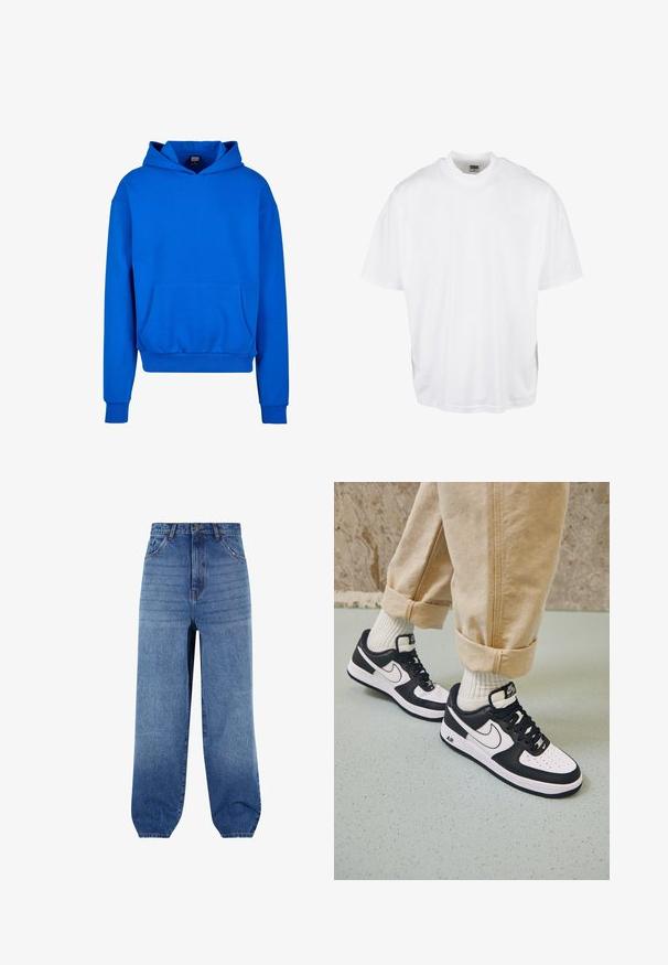 Sweat-shirt bleu à capuche avec une poche avant, des poignets et un ourlet côtelés. Fabriqué en tissu doux, il présente une coupe décontractée et n'affiche aucun logo visible.; T-shirt en coton blanc avec une coupe décontractée, des manches courtes et un col rond, présentant un ourlet droit et sans graphiques ni motifs visibles.; Jeans en denim bleu clair avec une taille haute, une coupe ample et des ourlets fuselés. Comprend cinq poches et un léger dégradé sur l'avant.; Baskets Nike Air Force 1 en noir et blanc avec un dessus en cuir, orteil perforé et détail de semelle texturée, portées avec un pantalon beige retroussé et des chaussettes blanches.