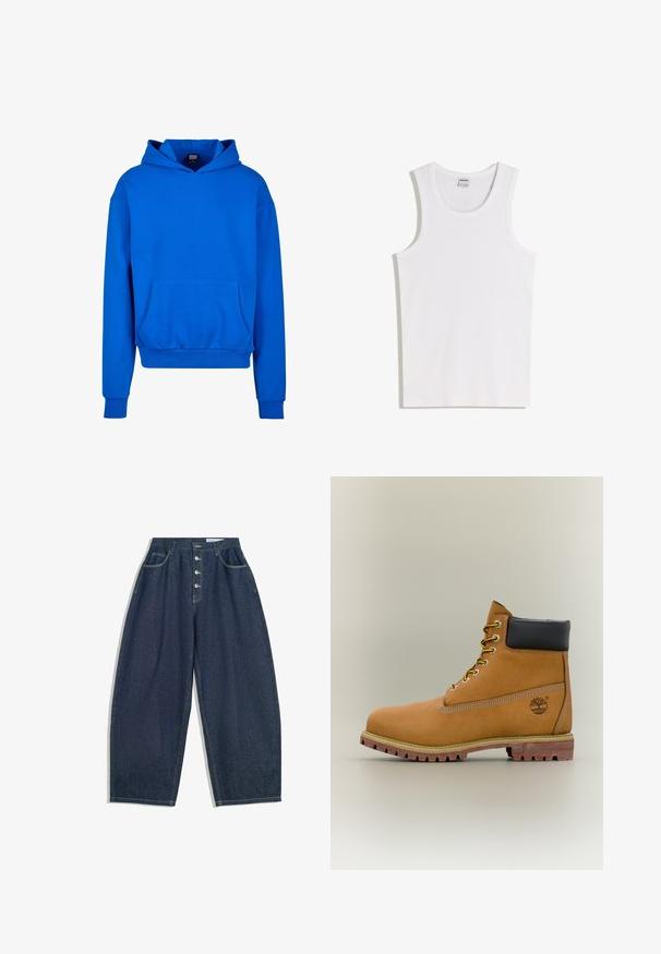 Blauwe capuchontrui met een voorzak, ribgebreide manchetten en onderrand. Gemaakt van zacht materiaal, met een ontspannen pasvorm en geen zichtbare logo's.; Witte katoenen tanktop met een ronde halslijn en brede schouderbanden. Gladde textuur, geen patronen of accenten, eenvoudig ontwerp.; Donkerblauwe denim brede broek met een hoge taille, vijfknopen sluiting en vijf zakken. Heeft stiksels op de naden.; Bruine leren enkellaars met zwarte kraag, gele veters en een zandkleurige zool. Voorzien van een logo en witte stikseldetails. Robuuste loopzool met grip.