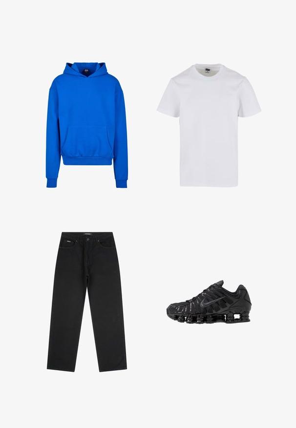 Blå hættetrøje med en frontlomme, ribbede manchetter og kant. Fremstillet af blødt stof, med en afslappet pasform og uden synlige logoer.; Hvid bomulds t-shirt med rund halsudskæring, korte ærmer og en afslappet pasform. Glat tekstur uden synlige mønstre eller detaljer.; Sorte jeans med lige ben, fem lommer, knaplukning og bæltestropper, størrelse 32.; Sorte atletikskoser lavet af mesh og syntetiske materialer, med et karakteristisk bølget design, sort gummisål og reflekterende detaljer.