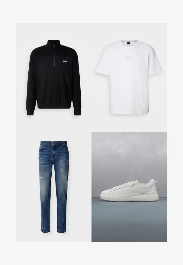 Pull-over noir avec un col zippé à mi-longueur, présentant une texture côtelée aux épaules et un petit logo blanc "BOSS" sur la poitrine.; T-shirt en coton blanc à manches courtes, col rond, avec un logo « BOSS » en relief sur la poitrine. Texture lisse, coupe standard.; Jean en denim bleu avec légère décoloration et zones usées, style cinq poches, coupe droite, fermeture par bouton et fermeture éclair.; Sneaker blanche avec une finition en cuir lisse, bout rond, quatre œillets, perforations subtiles et un détail de logo rouge sur le côté.