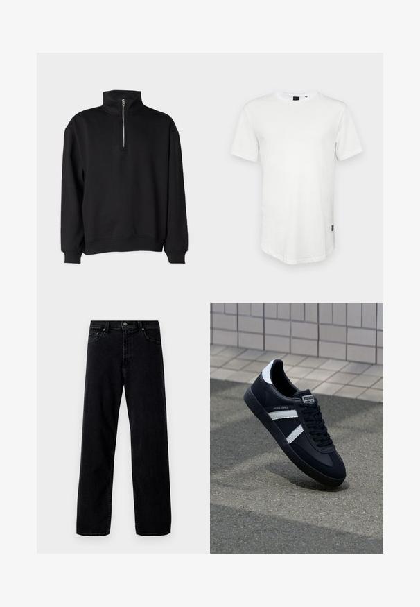 Pull-over noir avec un col haut, doté d'une fermeture à demi-zip, de manches longues et de poignets et ourlet côtelés. Texture de tissu douce.; T-shirt blanc à manches courtes en coton, avec un col rond et un dos légèrement allongé, arborant un petit logo sur le côté.; Hollister Co. Jean baggy - washed black; Sneaker en cuir noir avec des rayures blanches, semelle en caoutchouc texturée et devant à lacets. Présente une étiquette de marque sur la languette.