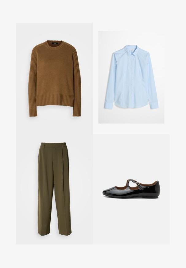 Pull en maille marron avec une texture côtelée, encolure ronde et manches longues. Présente des détails côtelés contrastants le long des épaules.; Chemise bleu clair à manches longues, col classique, avec un logo discret brodé sur la poitrine. Tissu lisse et net.; Pantalons à jambes larges vert olive en tissu lisse, dotés d'une taille haute, de plis sur le devant et de poches latérales pour plus de fonctionnalité.; Chaussure plate Mary Jane en cuir verni noir avec deux découpes et une bride à boucle dorée sur fond blanc.