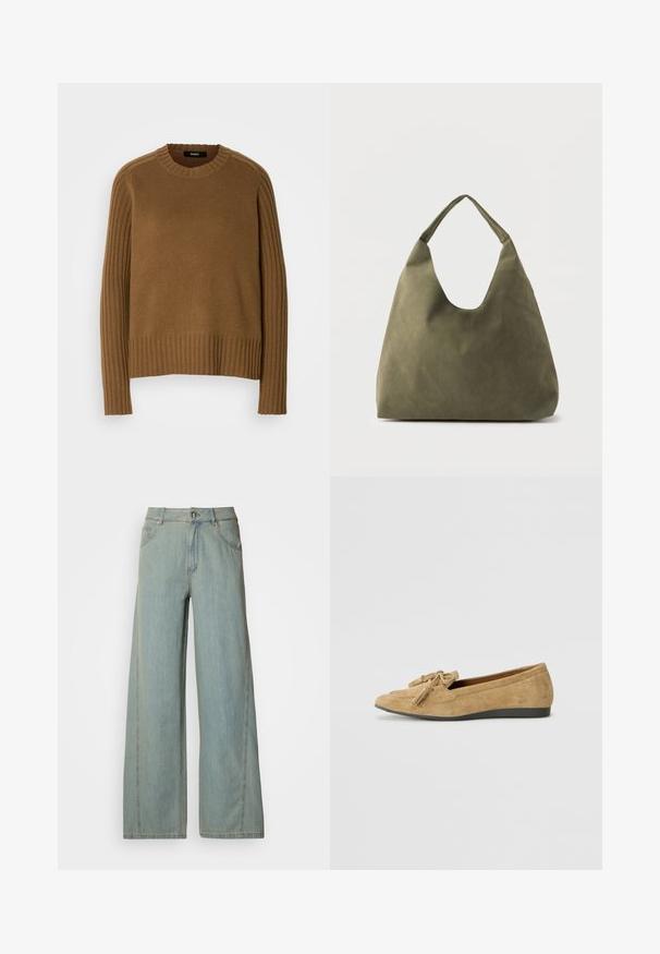 Pull en maille marron avec une texture côtelée, encolure ronde et manches longues. Présente des détails côtelés contrastants le long des épaules.; Jeans large en denim bleu clair, dotés d'une fermeture avec bouton et zip, de cinq poches et de détails de couture contrastés.; Ballerines en daim brun clair avec un bout rond et un détail de pompon décoratif. La semelle est en caoutchouc noir texturé pour une meilleure adhérence.; Sac à bandoulière en cuir souple vert olive avec une large sangle unique et une forme décontractée et non structurée sur un fond clair.