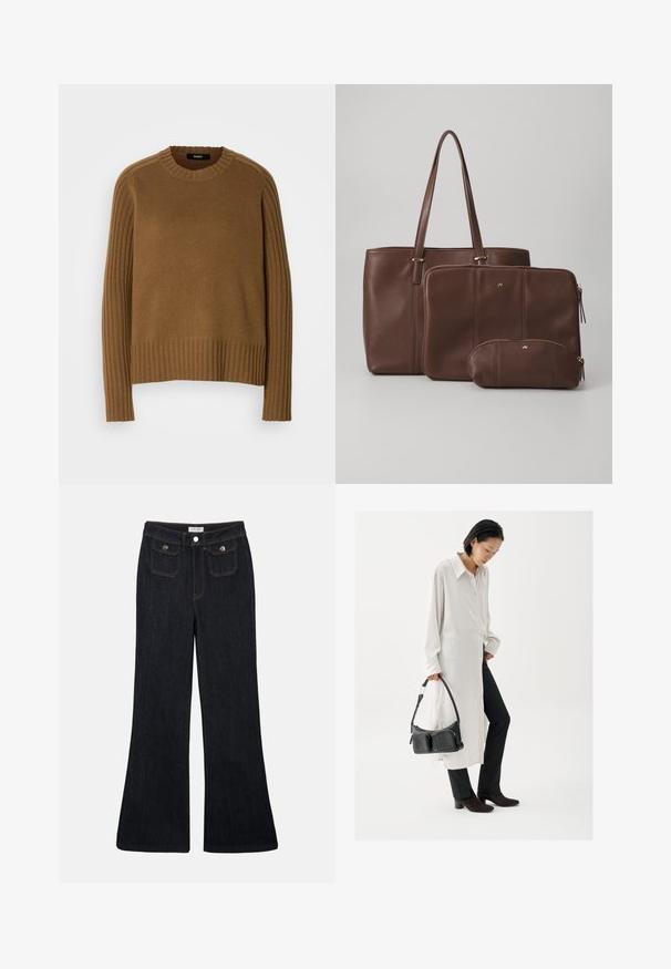 Brun strikket sweater med ribbet tekstur, rund halsudskæring og lange ærmer. Har kontrasterende ribbet detaljer langs skuldrene.; Sorte denim jeans med høj talje, flared ben, to frontlommer og orange syninger. Materialet ser solidt og glat ud.; Hvid lang skjorte med knapper, sorte tætsiddende bukser, sort læderhåndtaske med to lommer og mørkebrune ankelstøvler med hæl.; Brun læder tote taske med to matchende pouches; tote tasken har lange håndtag, mens pouches er med lynlås og i varierende størrelser. Gyldne detaljer inkluderet.