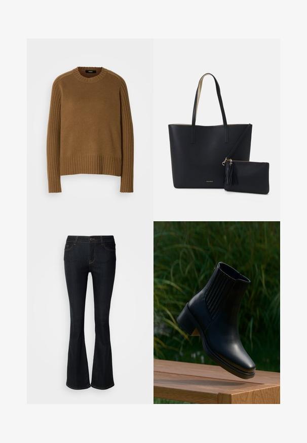 Brun strikket sweater med ribbet tekstur, rund halsudskæring og lange ærmer. Har kontrasterende ribbet detaljer langs skuldrene.; Mørkeblå flagrende jeans lavet af denim. Har en mellemhøj talje, fem lommer og kontrastsyet langs sømmene. Klassisk og funktionelt design.; Sort læderankelstøvle med elastiske sidelommer og lav blokhæl, placeret i luften over en træoverflade med grønne blade i baggrunden.; Sort tote taske med struktureret materiale, to lange håndtag og en aftagelig lynlåspose med en frynse-detalje. Guld mærkelogo synligt.