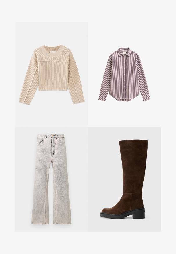 Beige, ribbet strikket cropped sweater med lange ærmer, en rund halsudskæring og dekorativ syning langs ærmesømmene.; Langærmet skjorte med knapper og hvide og vinrøde lodrette striber, spids krave og lille broderet logo på brystet.; Lysegrå denim jeans med vide ben, falmet tekstur, høj talje, fem lommer og knaplukning foran.; Høj, mørkebrun ruskindsstøvle med stablet sort hæl og syet sål, vist fra siden på en ensfarvet lys baggrund.
