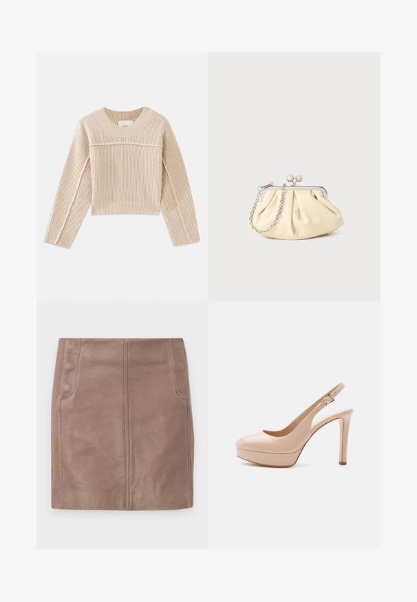 Beige, ribbet strikket cropped sweater med lange ærmer, en rund halsudskæring og dekorativ syning langs ærmesømmene.; Kort brun lædernederdel med forreste sømdetaljer og sidelommer, lagt fladt på en hvid baggrund.; Beige laklæder højhælet slingback-sko med plateau-sål og guldlås på ankelrem, vist fra siden på hvid baggrund.; Plisseret beige læderclutch med en sølvmetalramme, der har to runde dekorative låse og en sølvkædetrasporte.