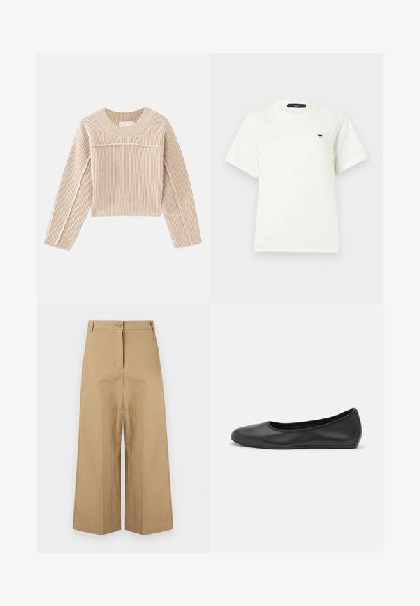 Beige, ribbet strikket cropped sweater med lange ærmer, en rund halsudskæring og dekorativ syning langs ærmesømmene.; Hvid T-shirt med korte ærmer og rund hals, med en lille sort sommerfugl-logo på venstre bryst og et sort mærke inde i kraven.; Beige bukser med høj talje, vide ben, bæltestropper, knapper foran og skjult lynlås.; Sort læderballetsko med rund tå, glat tekstur, minimal syning og et fleksibelt såldesign.