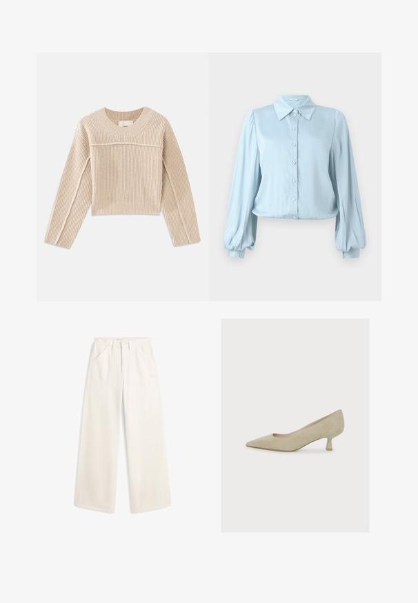 Beige, ribbet strikket cropped sweater med lange ærmer, en rund halsudskæring og dekorativ syning langs ærmesømmene.; Hofmann Copenhagen FLORA - Skjortebluser - lavender blue; Bukser med vide ben i cremefarvet, let stof. Har to frontlommer og knaplukning. Minimalistisk design med rene linjer.; Beige damesko i ruskind med spids tå, lav, slank kittenhæl og en glat, mat finish.