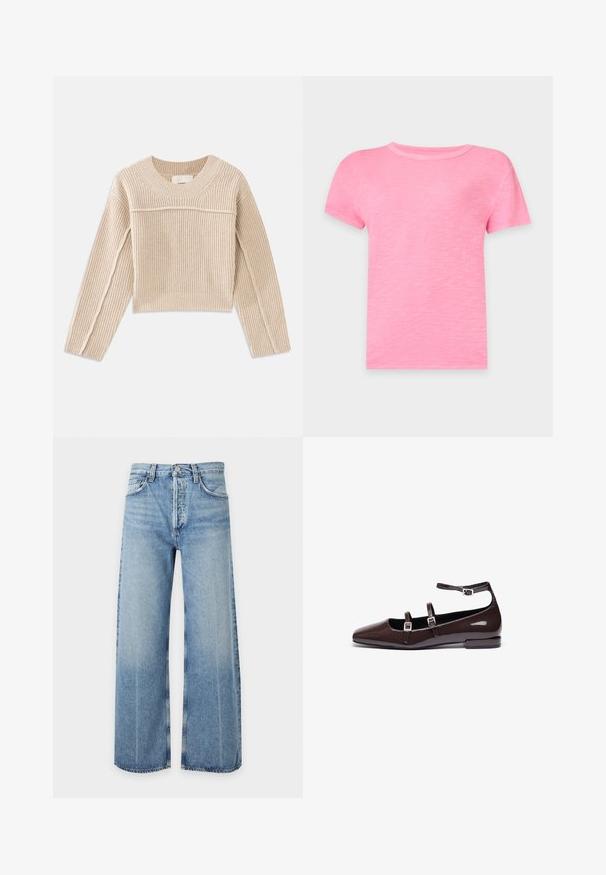 Beige, ribbet strikket cropped sweater med lange ærmer, en rund halsudskæring og dekorativ syning langs ærmesømmene.; Enkel pink t-shirt med korte ærmer og rund halsudskæring, vist fladt mod en lys baggrund, uden synlige mønstre eller logoer.; Lyseblå højttaljede jeans med vide ben, foran knap og lynlås, forlommer og falmede detaljer på lår og knæ.; Brune patentlæder flade sko med spids tå, der har to justerbare stropper og sølvspænder samt en lav, firkantet hæl.