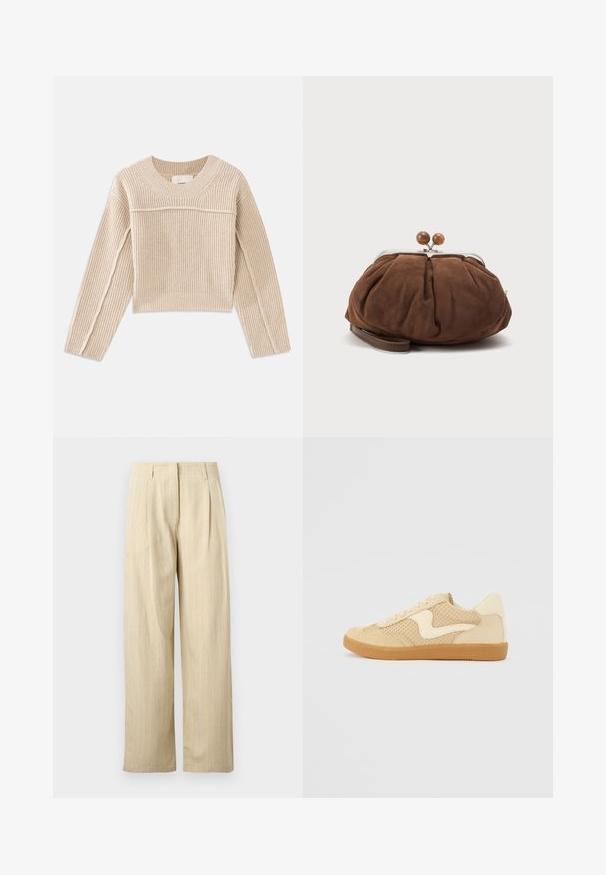 Pull court en tricot côtelé beige, à manches longues, avec un col rond et des coutures décoratives le long des manches.; Pantalon beige taille haute à jambes larges avec des plis et des passants de ceinture, en tissu texturé, présenté sur un fond uni.; Sneaker beige avec des matériaux en daim et en maille, forme arrondie, col rembourré proéminent et semelle en caoutchouc gomme. Présente un accent de design en forme de vague.; Petit sac poignet en daim marron doux avec cadre en métal argenté et boules rondes marron de fermeture sur fond clair uni.