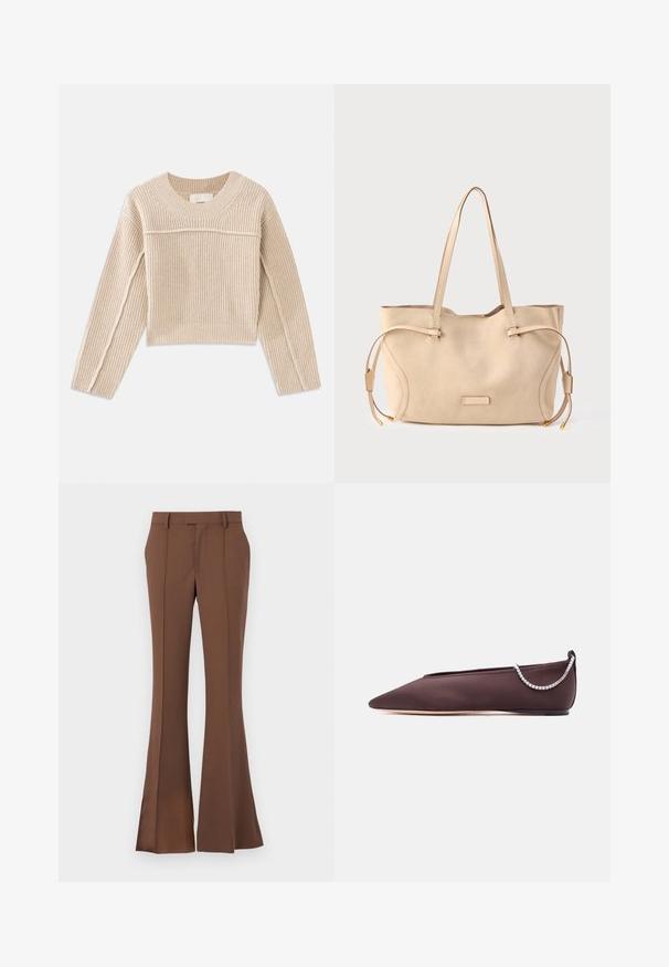 Beige, geribbelde gebreide cropped trui met lange mouwen, een ronde halslijn en decoratieve stiksels langs de mouwnaden.; Bruine uitlopende broek van gladde stof, met een platte voorkant, riemlussen en een op maat gemaakte pasvorm met subtiele plooi-details.; Donkerbruine platte schoen met puntige neus, lage hak en een zilveren rijglin met strassteentjes aan de achterkant.; Beige suède shopper met verstelbare zijstrikken, platte schouderriemen en een rechthoekige bodem. Heeft een klein hardware-logo detail.