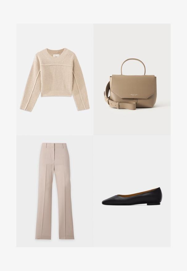 Beige, ribbet strikket cropped sweater med lange ærmer, en rund halsudskæring og dekorativ syning langs ærmesømmene.; Beige bukser med lige ben, bæltestropper og forreste pres, vist fladt på en hvid baggrund.; Sort læder flad sko med spids tå, lav hæl og glat finish, vist fra siden på en lysegrå baggrund.; Beige struktureret håndtaske med topstrop og justerbar skulderrem, præget mærkenavn på frontklappen, tekstureret lædermateriale.