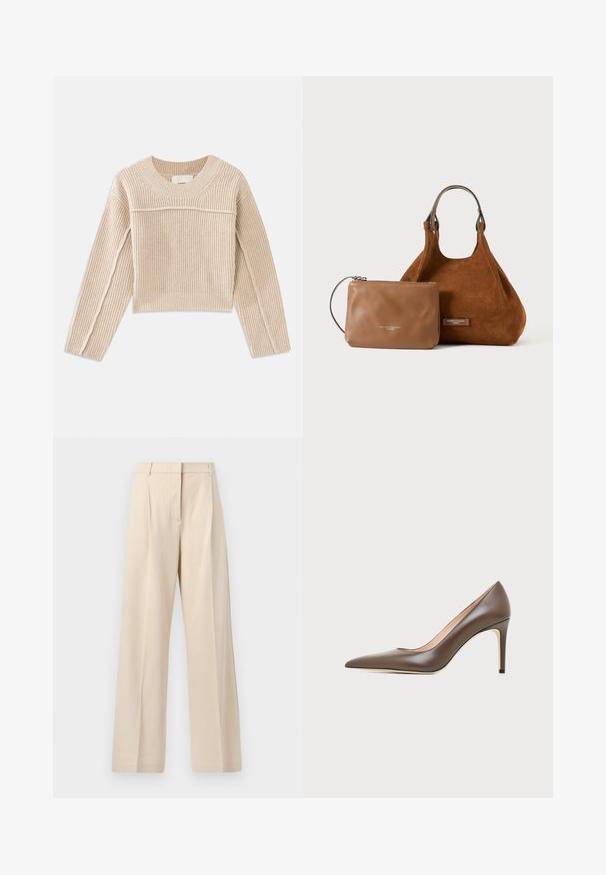Pull court en tricot côtelé beige, à manches longues, avec un col rond et des coutures décoratives le long des manches.; Pantalon beige taille haute à jambes larges avec plis sur le devant et fermeture éclair dissimulée, fabriqué en tissu texturé.; Chaussure à talon haut en cuir marron à bout pointu avec un talon aiguille fin et une finition lisse sur un fond clair.; Sac à main en daim marron avec poignées en boucle et petite pochette zippée en cuir marron clair placée devant sur fond blanc.