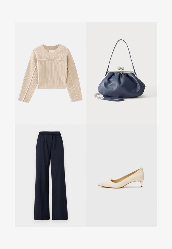 Beige, geribbelde gebreide cropped trui met lange mouwen, een ronde halslijn en decoratieve stiksels langs de mouwnaden.; Marineblauwe wijde broek met een elastische tailleband en een gladde voorkant, afgebeeld tegen een witte achtergrond.; Beige puntige pumps gemaakt van soepel synthetisch materiaal, met een lage hak en een instapontwerp met een subtiele achterdetail.; Zachte navyblauwe leren handtas met zilveren sluiting, enkele schouderband en afneembare ketting polsband op witte achtergrond.