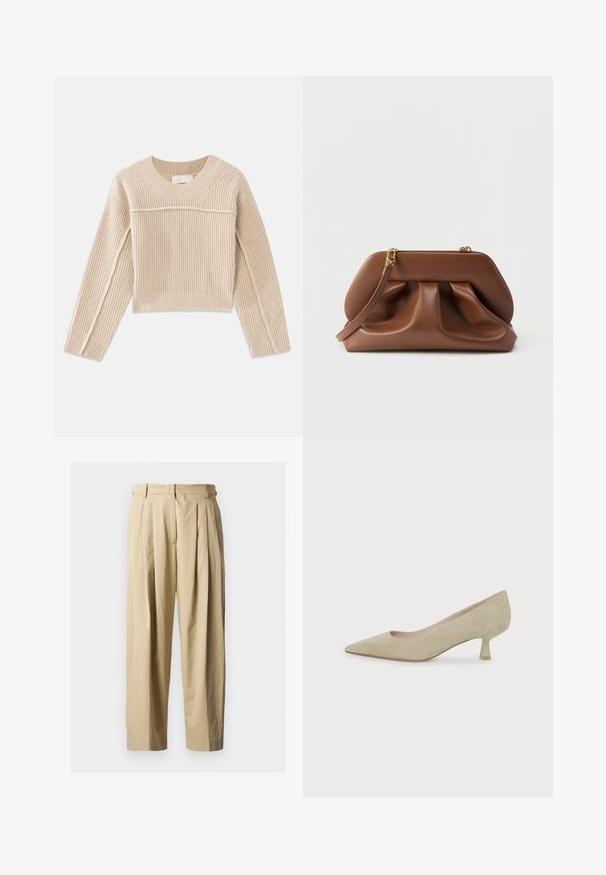 Beige, ribbet strikket cropped sweater med lange ærmer, en rund halsudskæring og dekorativ syning langs ærmesømmene.; Beige højtaljede plisserede bukser med bæltestropper, frontlynlås og lige vide ben på en ensfarvet baggrund.; Beige ruskindspumpe med spids tå og lav hæl med slank mellem-høj hæl på ens hvid baggrund.; Brun clutchtaske i læder med rynket design, guldfarvet hardware og aftagelig håndledsrem på hvid baggrund.