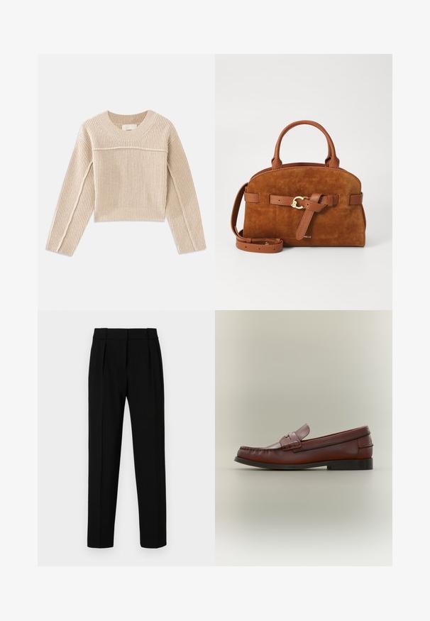 Beige, ribbet strikket cropped sweater med lange ærmer, en rund halsudskæring og dekorativ syning langs ærmesømmene.; Sorte skræddersyede bukser med lige pasform, plisseret front, poleret stof og en medium talje. Ingen synlige lommer eller hardware-detaljer.; Brun læderherresko med sort sål og dekorativ stropdetalje, vist i profil på en neutral baggrund.; Brun ruskindshåndtaske med korte håndtag og et aftageligt rem. Har en bælte detalje sikret med en guldfarvet hardwarelukning.