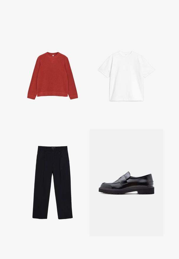 Pull en maille côtelée à manches longues de couleur rouille, avec col rond et détail de couture en forme de V au niveau du col avant.; T-shirt en coton blanc à col rond, à manches courtes et coupe décontractée, avec un design uni sans motifs ni accents.; Pantalon noir à jambes droites avec passants de ceinture, fermeture par boutons et poches latérales présenté sur fond blanc.; Chaussure noire en cuir à enfiler avec un design épuré, bout rond et semelle épaisse en caoutchouc texturé. Présente une sangle décorative à l'avant.