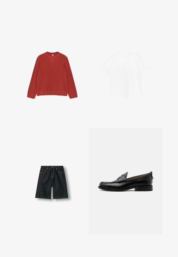 Pull en maille côtelée à manches longues de couleur rouille, avec col rond et détail de couture en forme de V au niveau du col avant.; T-shirt à col ras du cou à manches courtes en coton blanc uni. Coupe standard avec un design simple et sans motifs ni accents visibles.; Short en denim foncé longueur genou avec surpiqûres jaunes, bouton devant, braguette zippée et design cinq poches sur fond blanc.; Mocassin homme en cuir noir avec couture moc toe, bride penny, col texturé et petit talon empilé sur fond blanc.