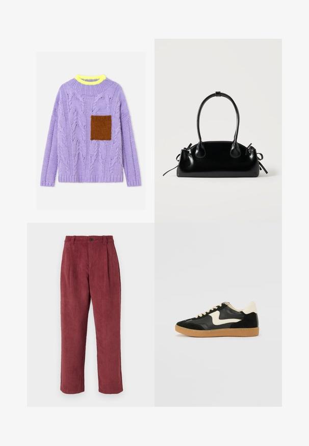 Pull en maille torsadée lavande avec un col côtelé jaune fluo et une poche en tricot marron sur la poitrine gauche.; Pantalons en velours côtelé de couleur bordeaux, avec une coupe droite, des plis à l'avant et une fermeture à un bouton. Texture douce.; Baskets en daim et cuir noir avec un swoosh latéral crème et un talon crème clair. Dotées de lacets beige et d'une semelle en caoutchouc gomme.; Petit sac à main noir brillant avec deux longues anses et des détails à cordon sur les côtés sur un fond clair uni.