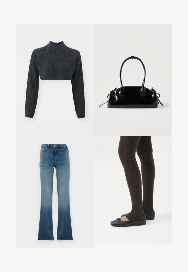 Pull col roulé court en gris foncé, doté de manches longues et d'un tissu tricoté texturé. Le design est ajusté et minimaliste, sans matériel visible.; Jeans en denim bleu évasés avec un dégradé de foncé à clair. Ils présentent une taille traditionnelle, cinq poches et une fermeture à bouton à l'avant.; Jambes portant des leggings côtelés foncés associés à des ballerines noires avec de petits détails en nœud sur fond blanc.; Petit sac à main noir brillant avec deux longues anses et des détails à cordon sur les côtés sur un fond clair uni.