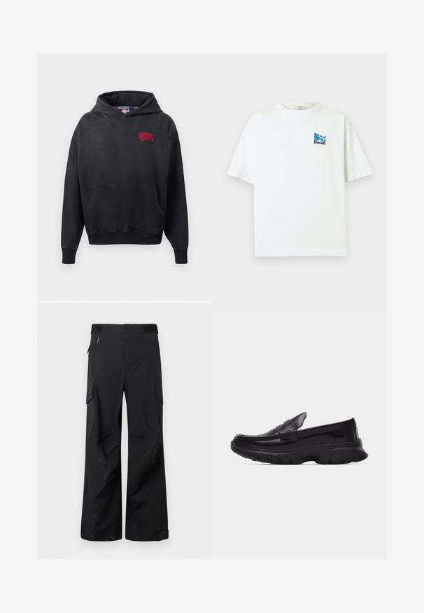 Sort hættebluse med en forlommer, der har et rødt broderet logo på den øverste venstre side. Blødt stof og justerbar hætte.; Hvid T-shirt med korte ærmer, med lille blåt rævlogo og teksten "Maison Kitsuné 2062 Paris" på øverste venstre bryst.; Sorte cargo-bukser lavet af et glat, vandafvisende stof. Har brede ben, flere sidelommer og en flad talje med diskret branding.; Sort skinnende loafer med tyk tekstureret sål og syningdetaljer, sideprofil på ensformig lysegrå baggrund.