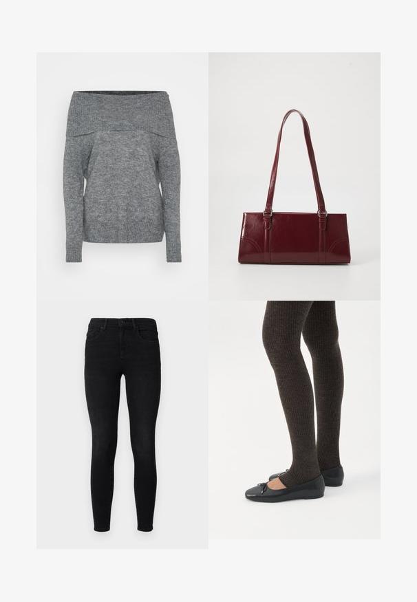 Pull gris à épaule dénudée avec des manches longues, texture côtelée et coupe décontractée. Conçu en matériau tricoté doux.; Jeans skinny noirs en denim, avec un design classique à cinq poches, des passants de ceinture et une fermeture à bouton à l'avant. Texture lisse.; Jambes portant des leggings côtelés foncés associés à des ballerines noires avec de petits détails en nœud sur fond blanc.; Sac à main bordeaux en matériau brillant, de forme rectangulaire, avec deux anses et des accents légèrement courbés à l'avant.