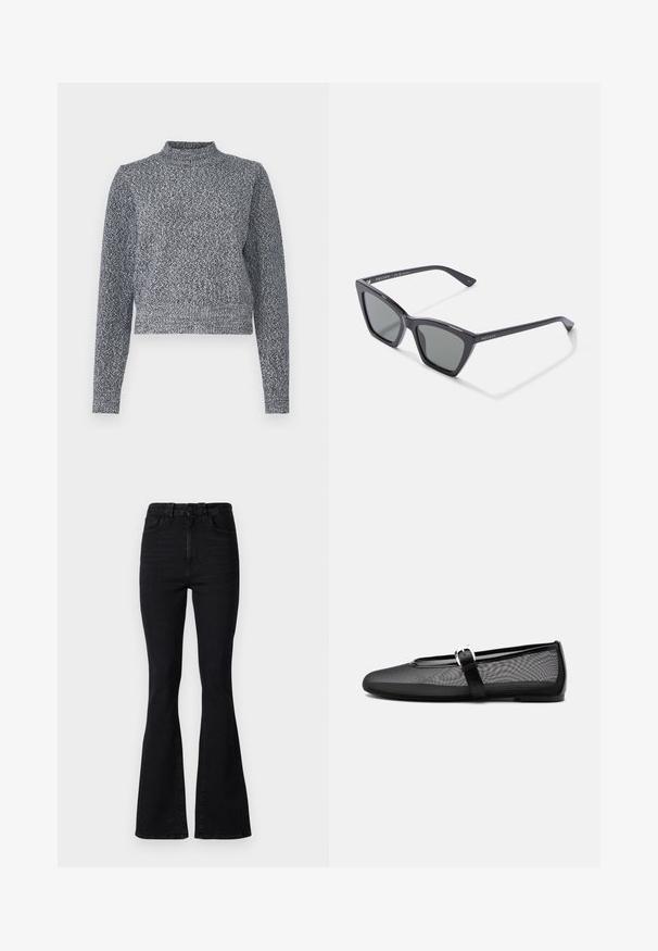 Pull en maille bleu marine et blanc avec un col montant, des manches longues et une coupe cropped ; il présente un design texturé et moucheté.; Jean évasé noir taille haute, en denim. Les caractéristiques comprennent une fermeture à bouton, un design à cinq poches et une texture lisse.; Ballerine noire en mesh avec bout rond et bride Mary Jane réglable avec boucle argentée, sur un fond gris clair uni.; Lunettes de soleil noires en plastique avec une forme géométrique en œil de chat, verres gris foncé et finition mate. Présente une marque argentée sur les branches.