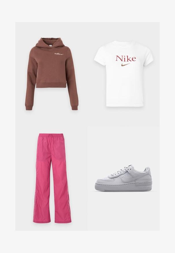 Brun cropped hoodie med lange ærmer og hvidt Nike-logo på øverste venstre bryst, præsenteret på en plain lys baggrund.; Hvid kortærmet t-shirt med rød "Nike" tekst og en leopardprint Nike swoosh-logo centralt på brystet.; Lyserøde letvægtsbukser med snoreliv, bred ben-design og hvide side-striber. Glat tekstur, velegnet til afslappet brug.; Grå Nike Air Force 1 sneakers med perforeret tå, glat læderoverdel, tyk sål og præget 'AIR' detalje på hælen.