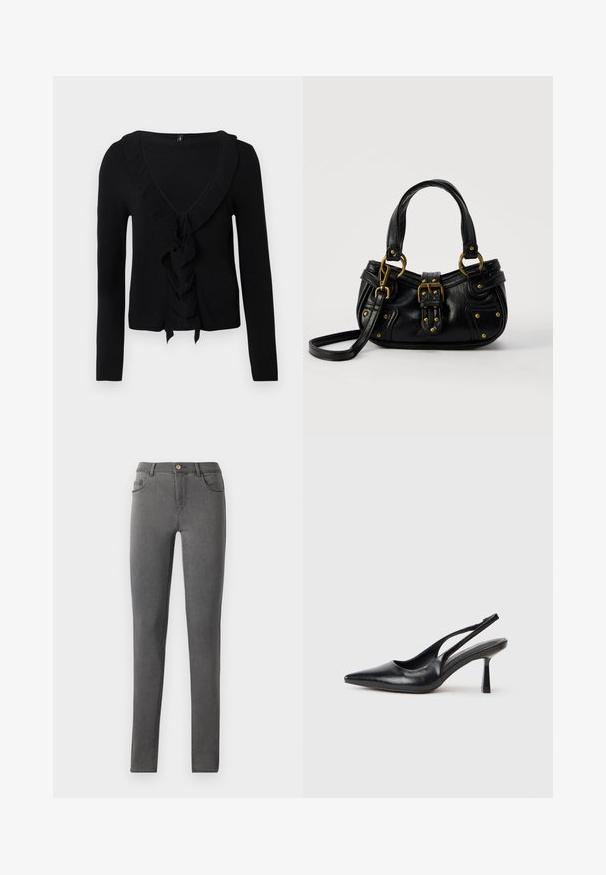 Cardigan noir à manches longues avec un col en V profond, un bord froncé le long de l'encolure et du devant, et un détail noué au centre de la fermeture frontale.; Jean skinny en denim gris avec une coupe ajustée, style cinq poches et une fermeture à bouton métallique unique au niveau de la taille.; Chaussure à talon haut en cuir noir, à bride arrière, avec un bout pointu et un talon fin sur fond blanc.; Sac à main en cuir noir avec boucle dorée et détails à rivets, poignées courtes et bandoulière réglable sur fond blanc uni.