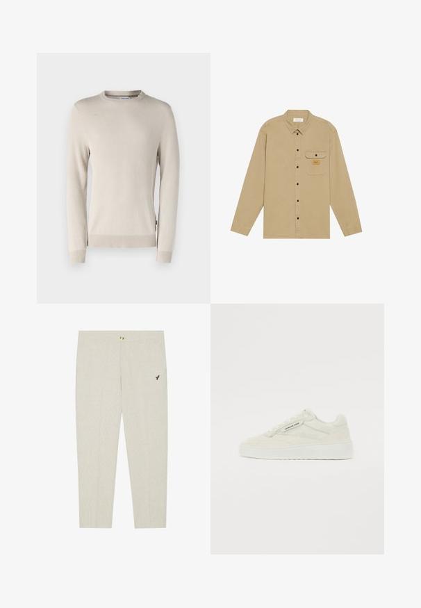 Beige striktrøje med et struktureret mønster, rund halsudskæring og ribbede manchetter og kant. Fremstillet af blødt, åndbart materiale.; Beige langærmet skjorte lavet af bomuld, med krave der kan knaptes, sorte knapper, en brystlomme og et mærketik på lommen.; Lysbeige skræddersyede bukser med subtil tekstur, der har en knaplukning og et broderet mørkt emblem nær lommen.; Sneaker med en overdel i kremfarvet ruskind, teksturerede detaljer og en hvid gummisål. Har en rund tå og flade snørebånd. Brandlabel synlig på siden.